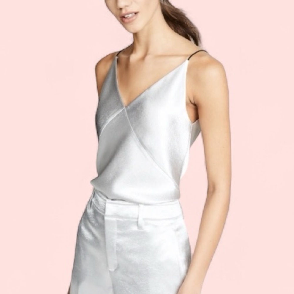 VINCE V Neck Satin Bias Cami in Silver